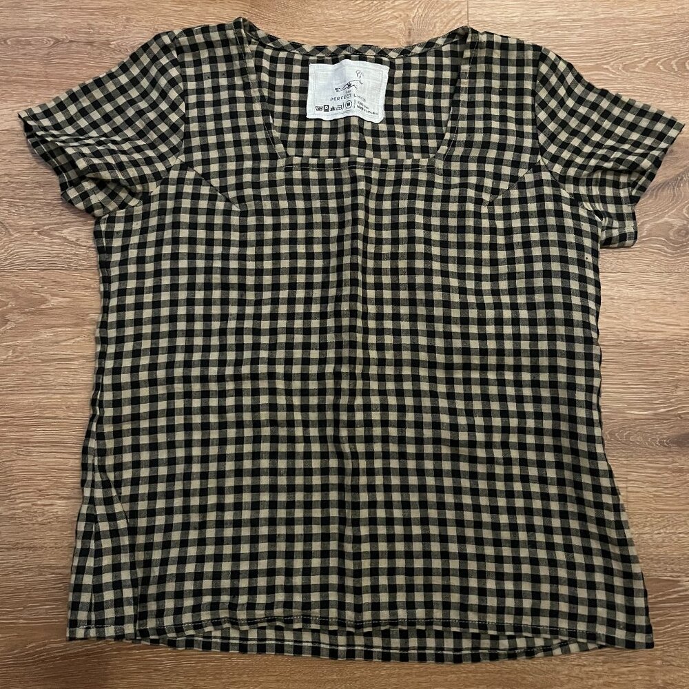Not Perfect Linen top in mid sand gingham, size medium